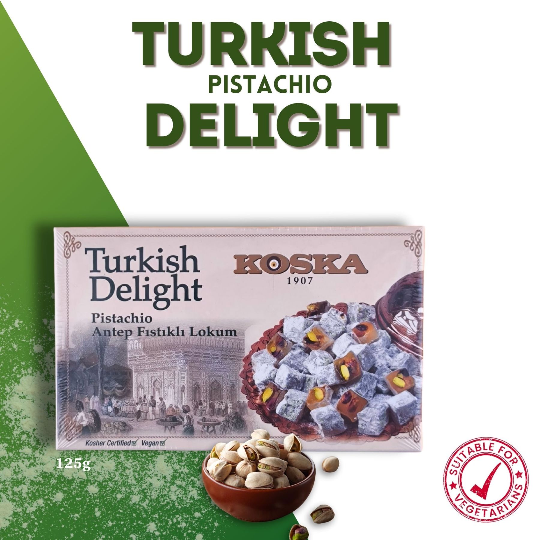 KOSKA TURKISH DELIGHT (Lokum) WITH PISTACHIO - Giftable Snacks [ 125g x 24 ] - Imported From Turkey