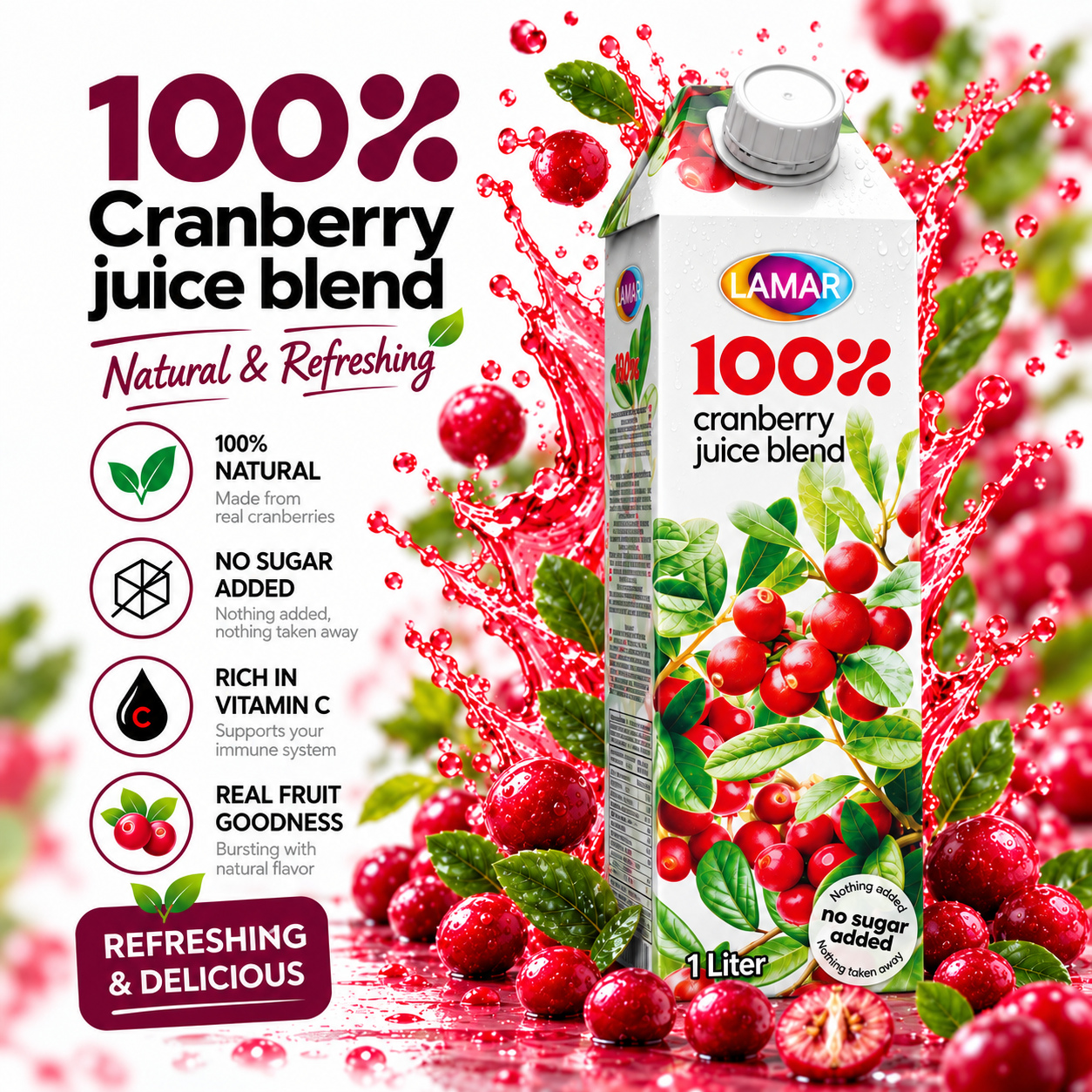 LAMAR [CRANBERRY JUICE 1L] 100% NATURAL IMPORTED FROM EGYPT - NO ADDED SUGAR, NO PRESERVATIVES