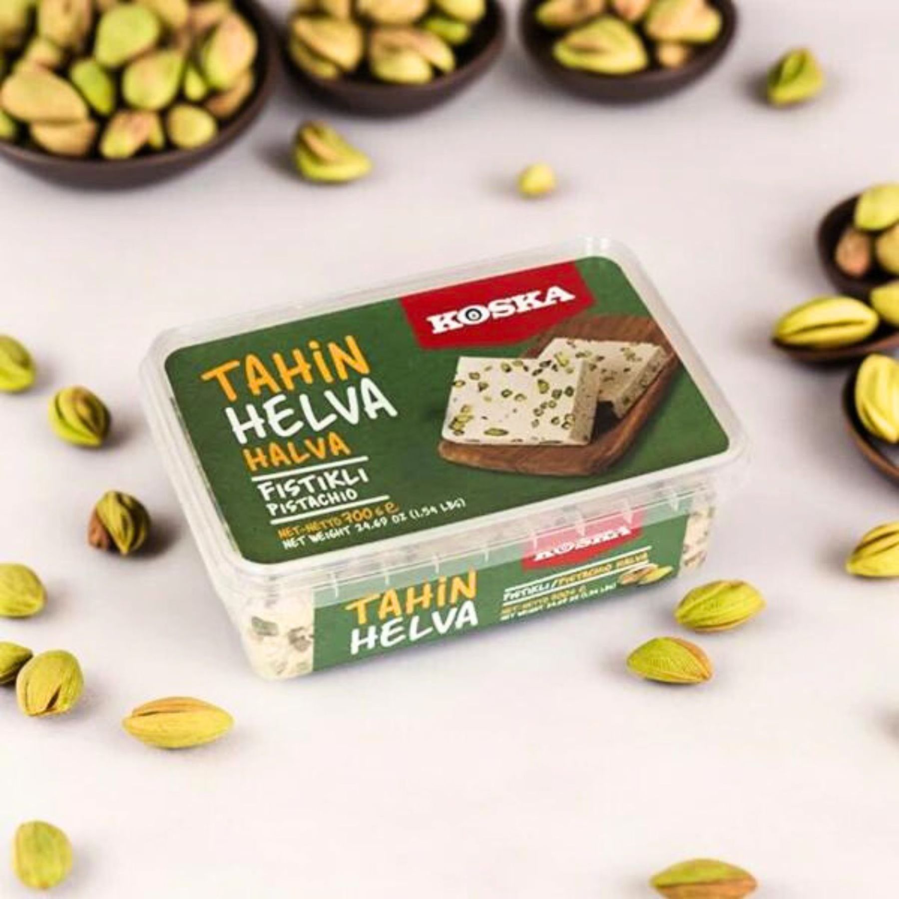 KOSKA TAHINI HALVA WITH PISTACHIO [ 350g  x 12 ] Sesame Paste-With Vanilla Flavour - Imported From Turkey