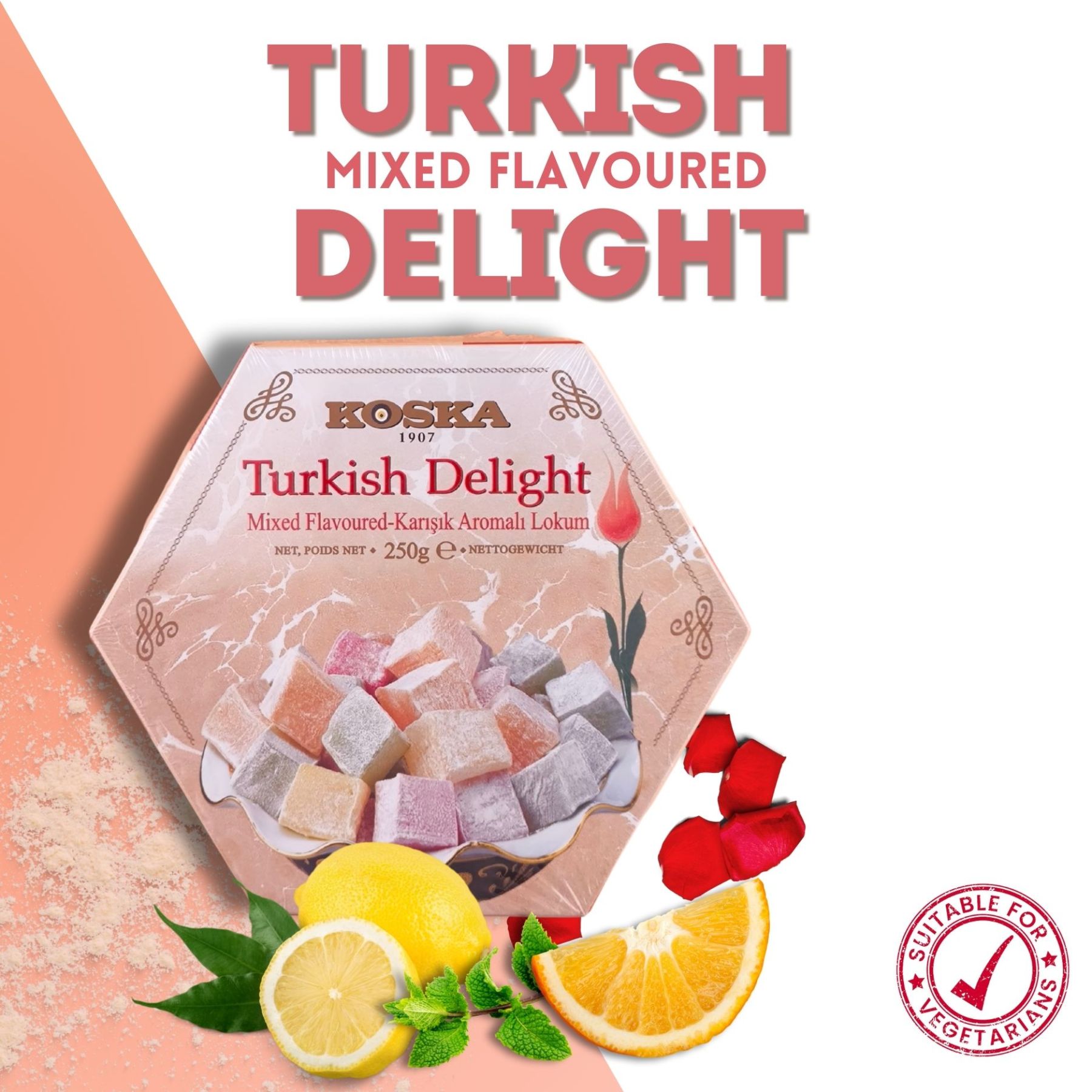 KOSKA TURKISH DELIGHT (Lokum) MIXED Flavoured - Giftable Snacks [ 250g x 12 ] - Imported From Turkey