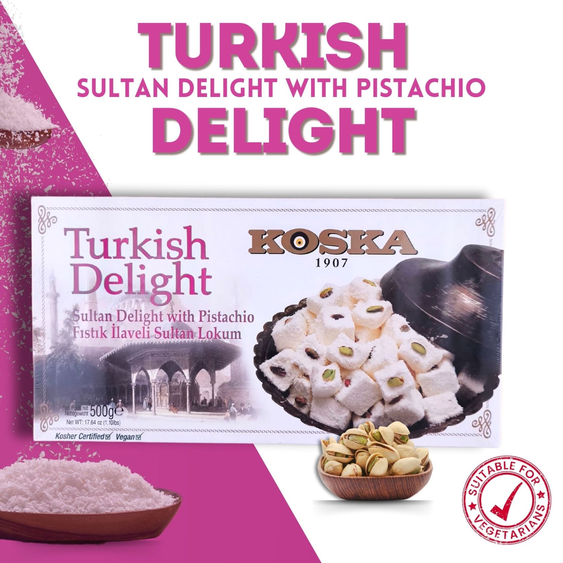 KOSKA TURKISH DELIGHT (Lokum) SULTAN WITH PISTACHIO - Giftable Snacks [500g x 12] - Imported From Turkey