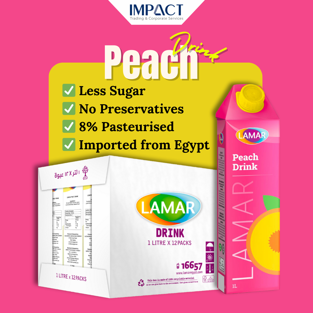 LAMAR Peach Drink [1L X 12pcs] Less Sugar No Preservatives Imported From Egypt