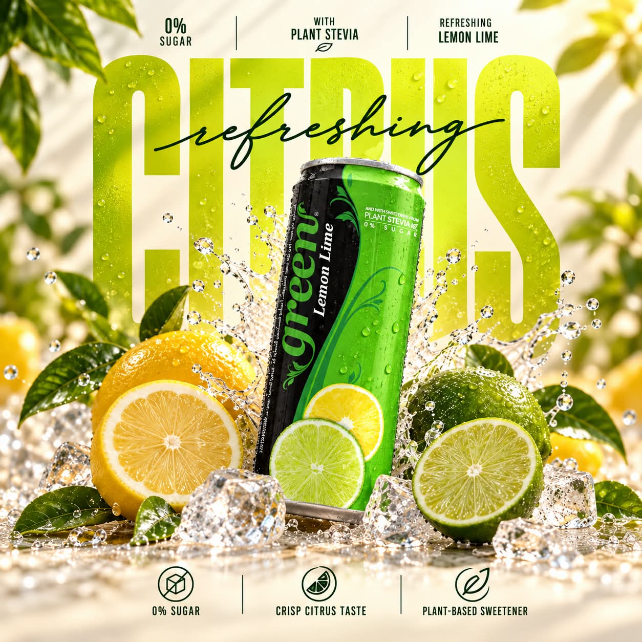 GREEN LEMON LIME 330ML REFRESHING CARBONATED DRINK - STEVIA AS SWEETENER, NO ADDED SUGAR