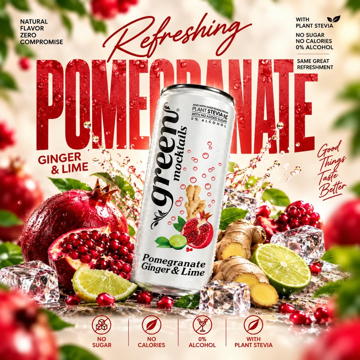 GREEN POMEGRANATE GINGER LIME 330ML REFRESHING CARBONATED DRINK - STEVIA AS SWEETENER, NO ADDED SUGAR