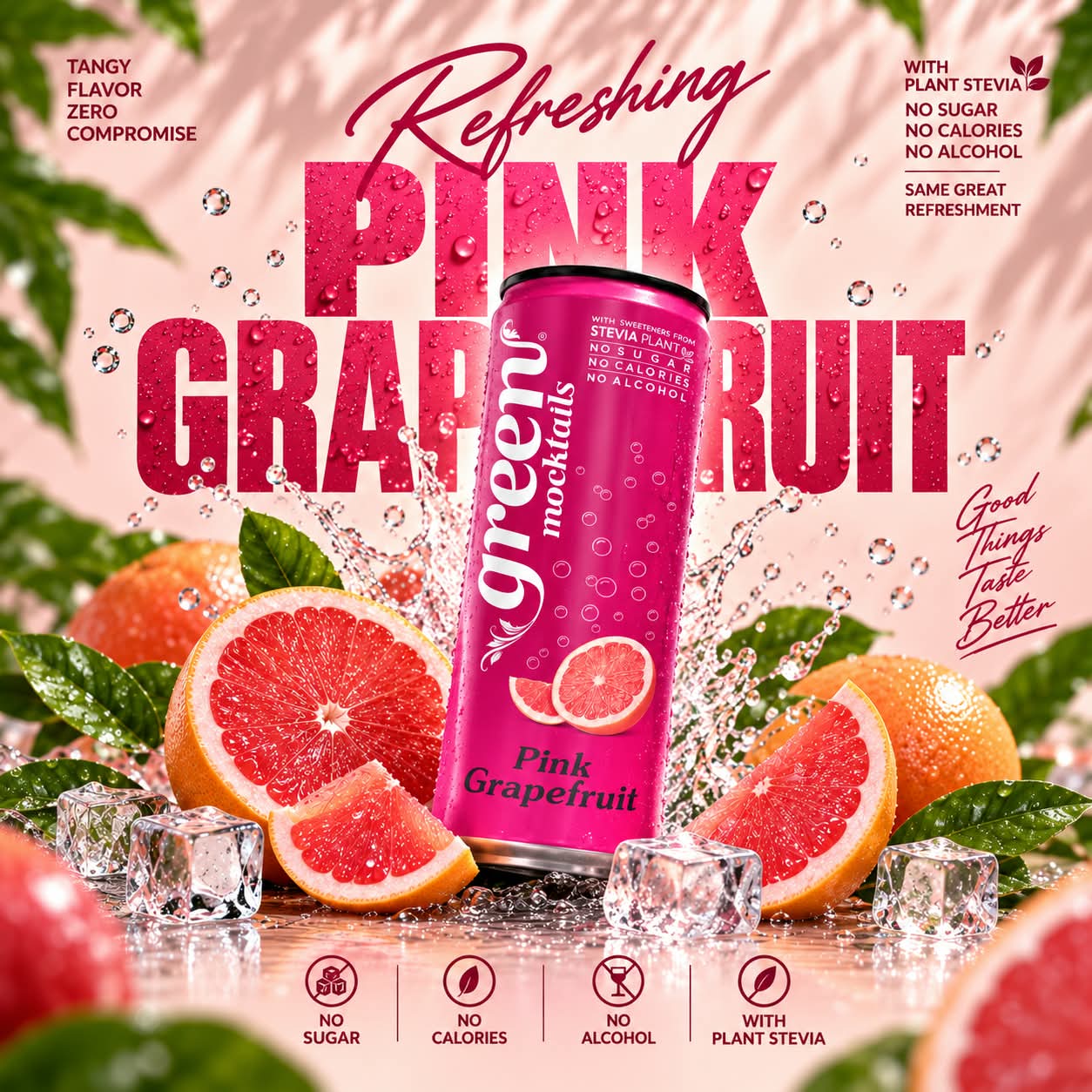 GREEN PINK GRAPEFRUIT 330ML REFRESHING CARBONATED DRINK - STEVIA AS SWEETENER, NO ADDED SUGAR