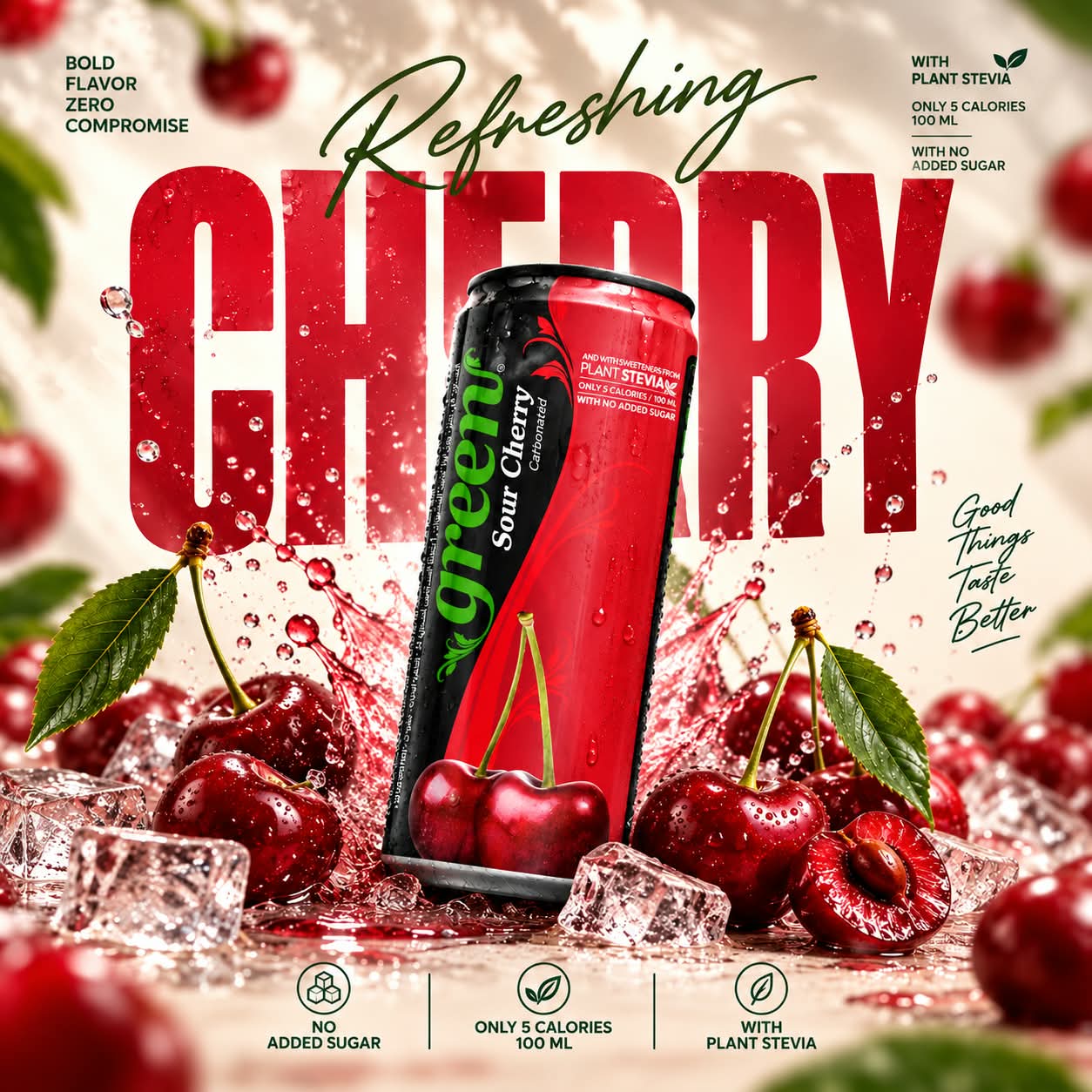 GREEN CHERRY 330ML REFRESHING CARBONATED DRINK - STEVIA AS SWEETENER, NO ADDED SUGAR