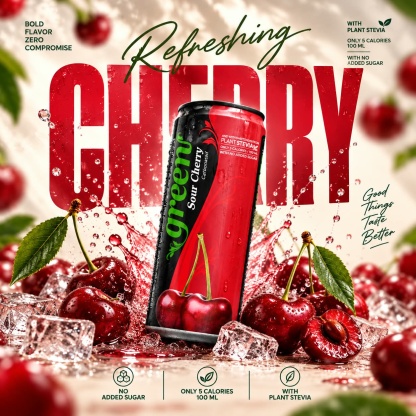 GREEN CHERRY 330ML REFRESHING CARBONATED DRINK - STEVIA AS SWEETENER, NO ADDED SUGAR