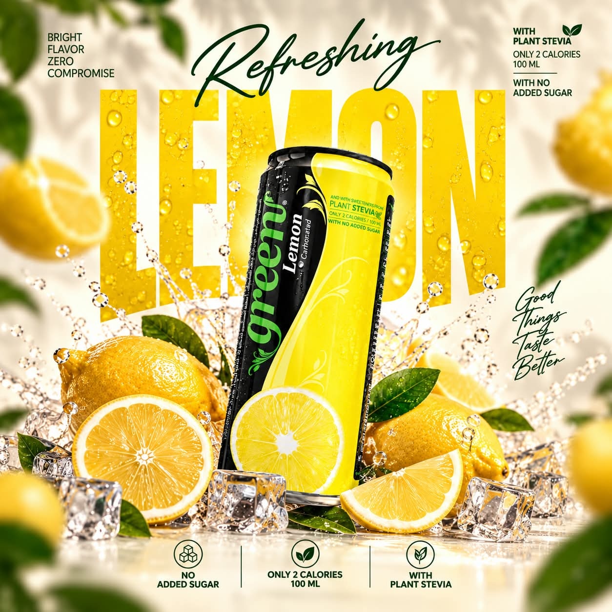 GREEN LEMON 330ML REFRESHING CARBONATED DRINK - STEVIA AS SWEETENER, NO ADDED SUGAR