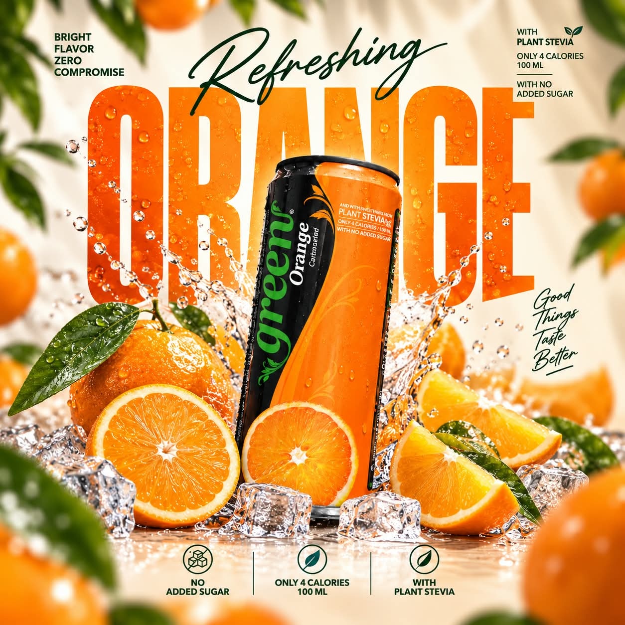 GREEN ORANGE 330ML REFRESHING CARBONATED DRINKS - STEVIA AS SWEETENER, NO ADDED SUGAR