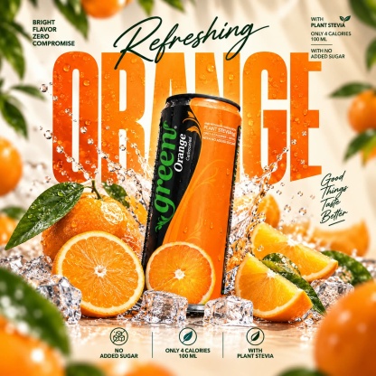 GREEN ORANGE 330ML REFRESHING CARBONATED DRINKS - STEVIA AS SWEETENER, NO ADDED SUGAR
