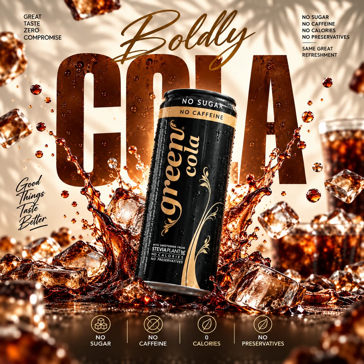 GREEN COLA NO CAFFEINE 330ML REFRESHING CARBONATED DRINK - STEVIA AS SWEETENER, NO ADDED SUGAR