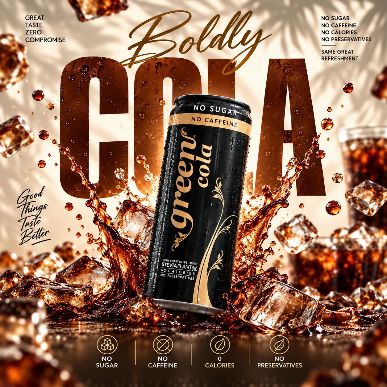 GREEN COLA NO CAFFEINE 330ML REFRESHING CARBONATED DRINK - STEVIA AS SWEETENER, NO ADDED SUGAR