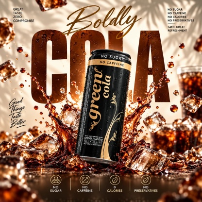 GREEN COLA NO CAFFEINE 330ML REFRESHING CARBONATED DRINK - STEVIA AS SWEETENER, NO ADDED SUGAR