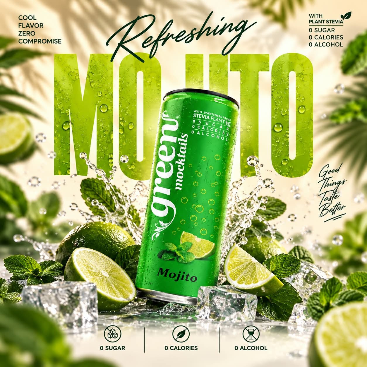 GREEN MOJITO 330ML REFRESHING CARBONATED DRINKS - STEVIA AS SWEETENER, NO ADDED SUGAR