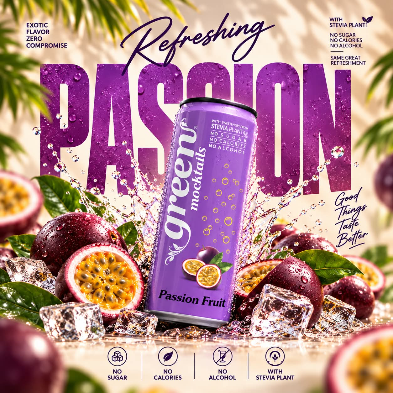 GREEN PASSION FRUIT 330ML REFRESHING CARBONATED DRINK - STEVIA AS SWEETENER, NO ADDED SUGAR