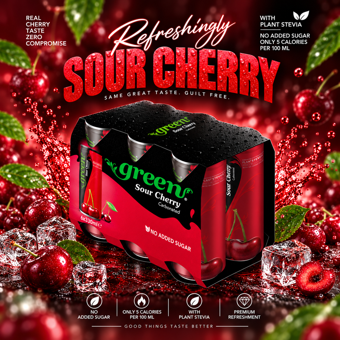 GREEN CHERRY 330ML REFRESHING CARBONATED DRINK - STEVIA AS SWEETENER, NO ADDED SUGAR