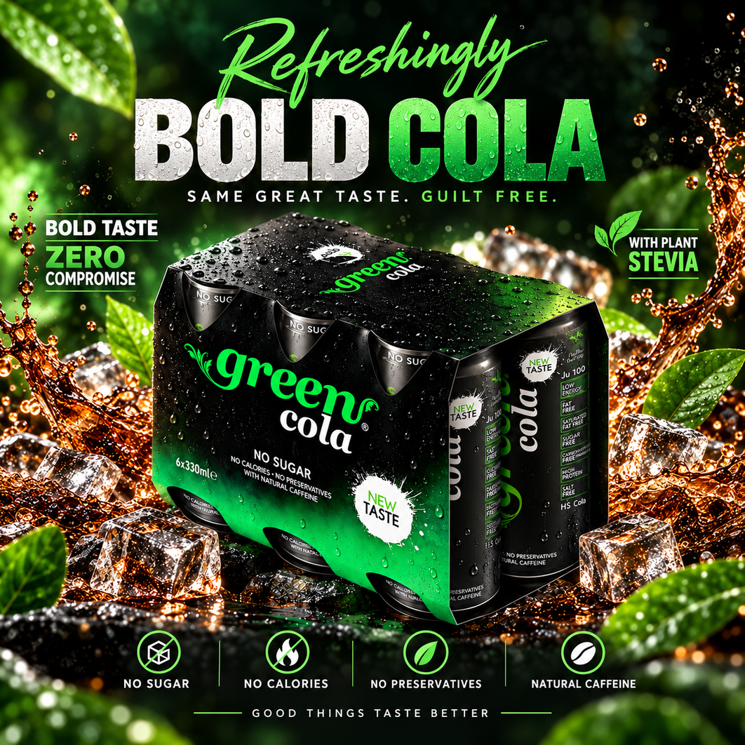 GREEN COLA 330ML REFRESHING CARBONATED DRINK - STEVIA AS SWEETENER, NO SUGAR ADDED