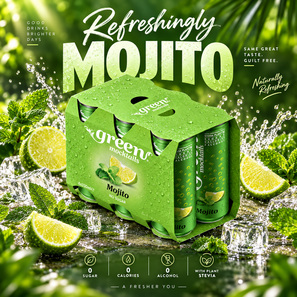 GREEN MOJITO 330ML REFRESHING CARBONATED DRINKS - STEVIA AS SWEETENER, NO ADDED SUGAR