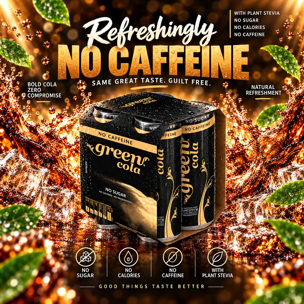 GREEN COLA NO CAFFEINE 330ML REFRESHING CARBONATED DRINK - STEVIA AS SWEETENER, NO ADDED SUGAR