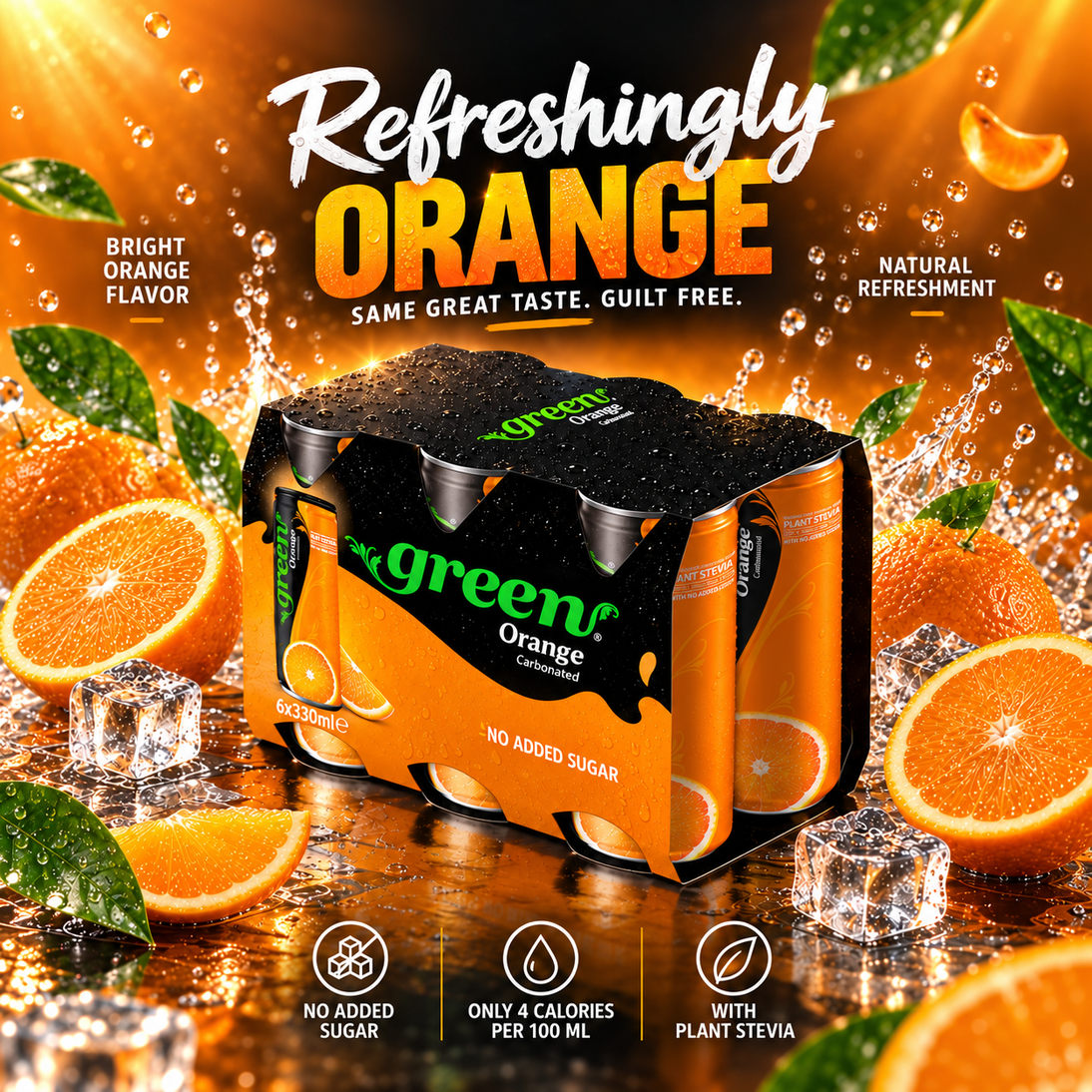 GREEN ORANGE 330ML REFRESHING CARBONATED DRINKS - STEVIA AS SWEETENER, NO ADDED SUGAR