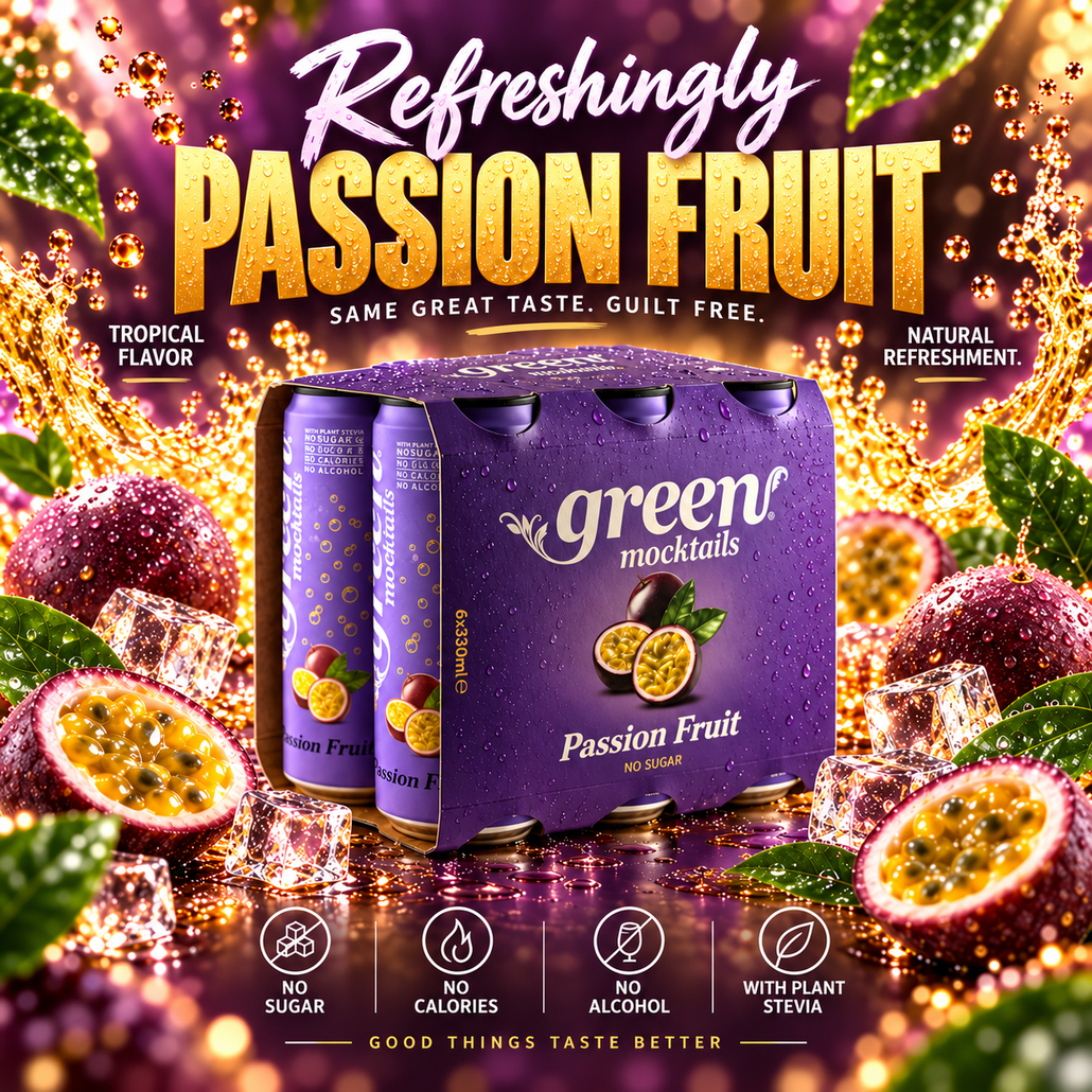 GREEN PASSION FRUIT 330ML REFRESHING CARBONATED DRINK - STEVIA AS SWEETENER, NO ADDED SUGAR