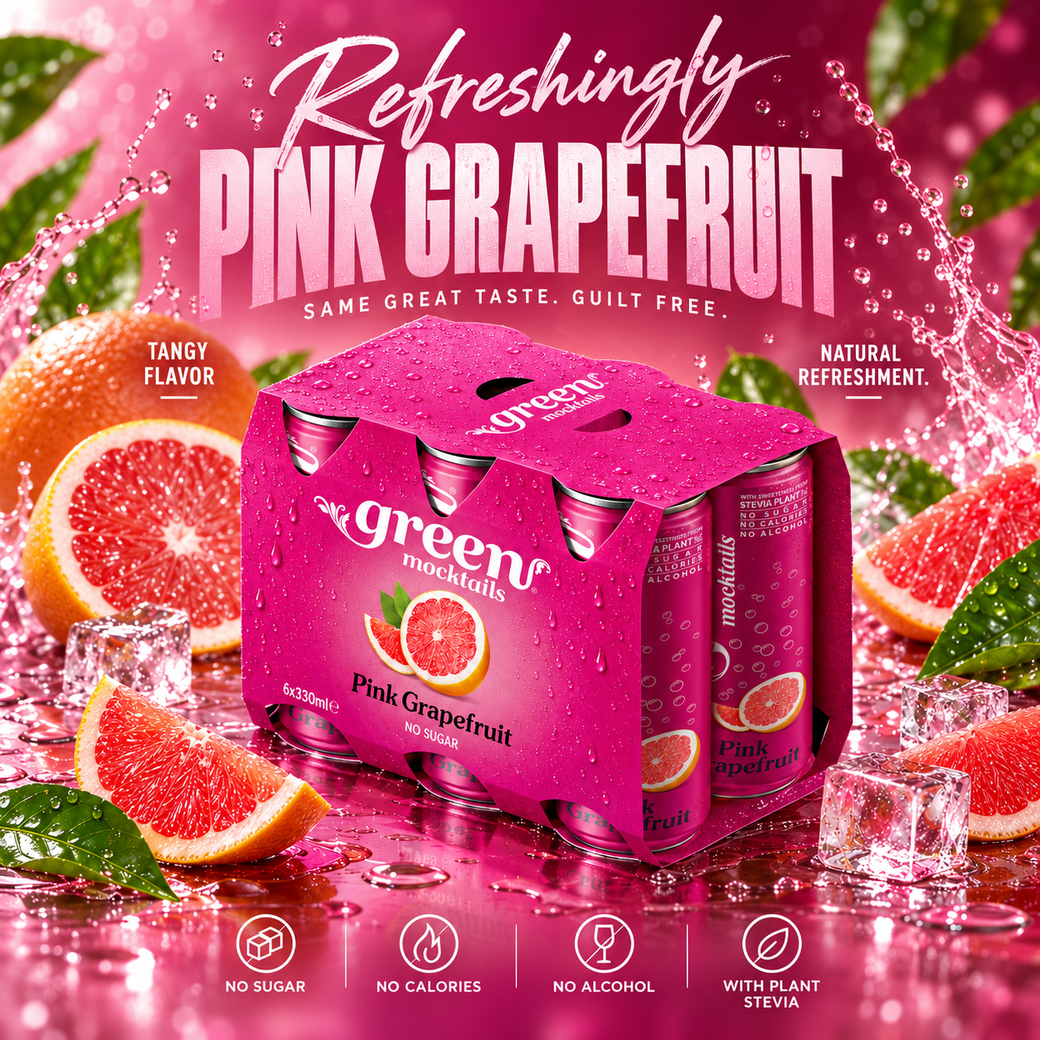 GREEN PINK GRAPEFRUIT 330ML REFRESHING CARBONATED DRINK - STEVIA AS SWEETENER, NO ADDED SUGAR