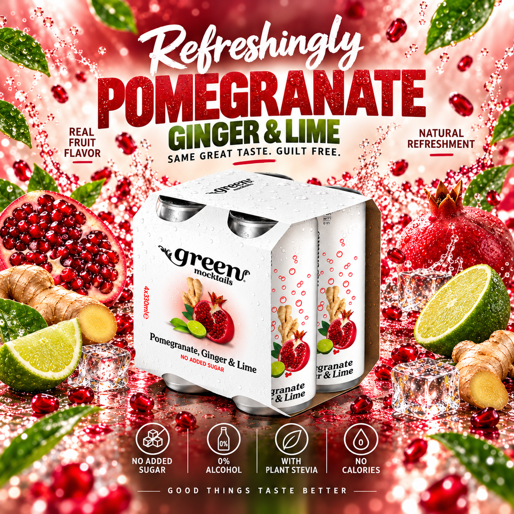 GREEN POMEGRANATE GINGER LIME 330ML REFRESHING CARBONATED DRINK - STEVIA AS SWEETENER, NO ADDED SUGAR