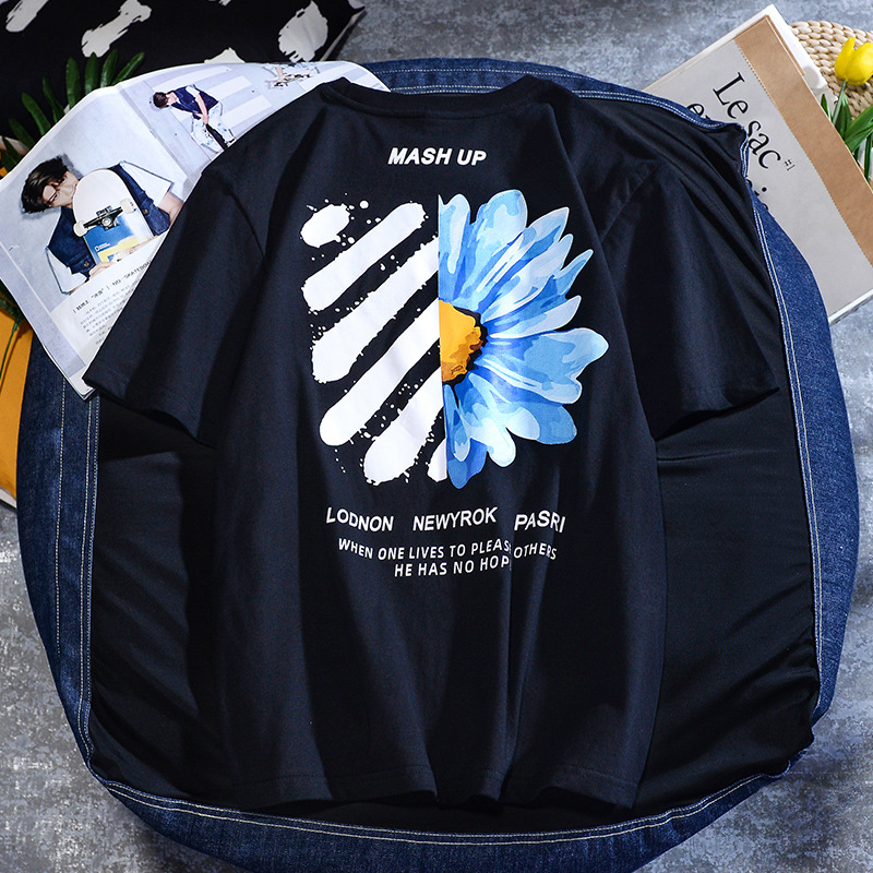 一件代发 夏季潮牌男装短袖宽松纯棉印花圆领港风个性T恤上衣男潮