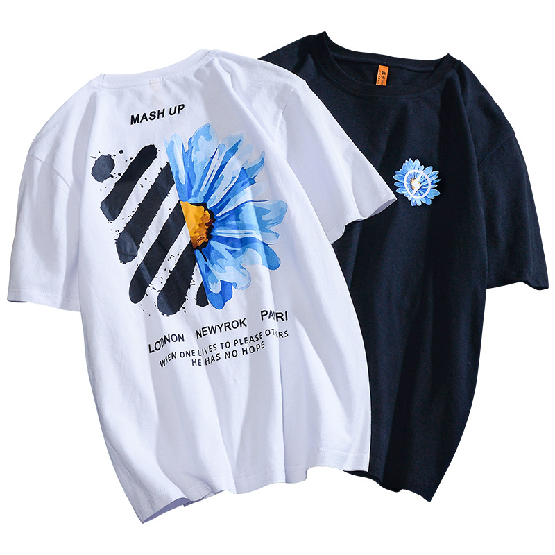一件代发 夏季潮牌男装短袖宽松纯棉印花圆领港风个性T恤上衣男潮
