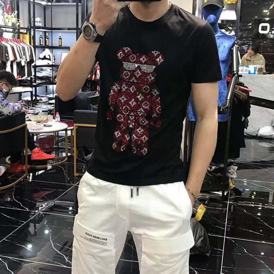2021夏季新款 烫钻T恤男短袖潮牌潮流夏季衣服欧美帅气半袖体桖男