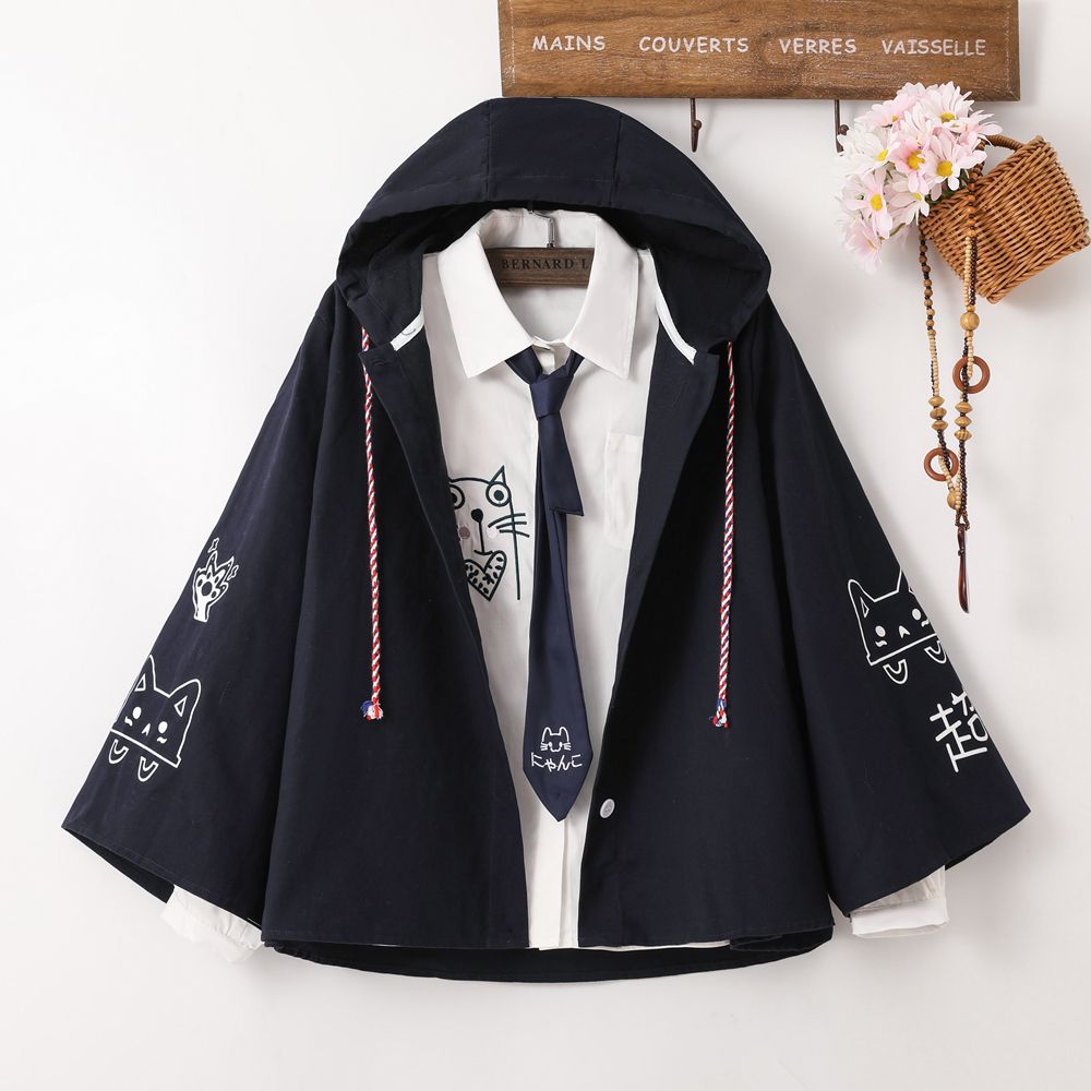 春秋日系 · 「超兇貓」喇叭袖连帽薄外套