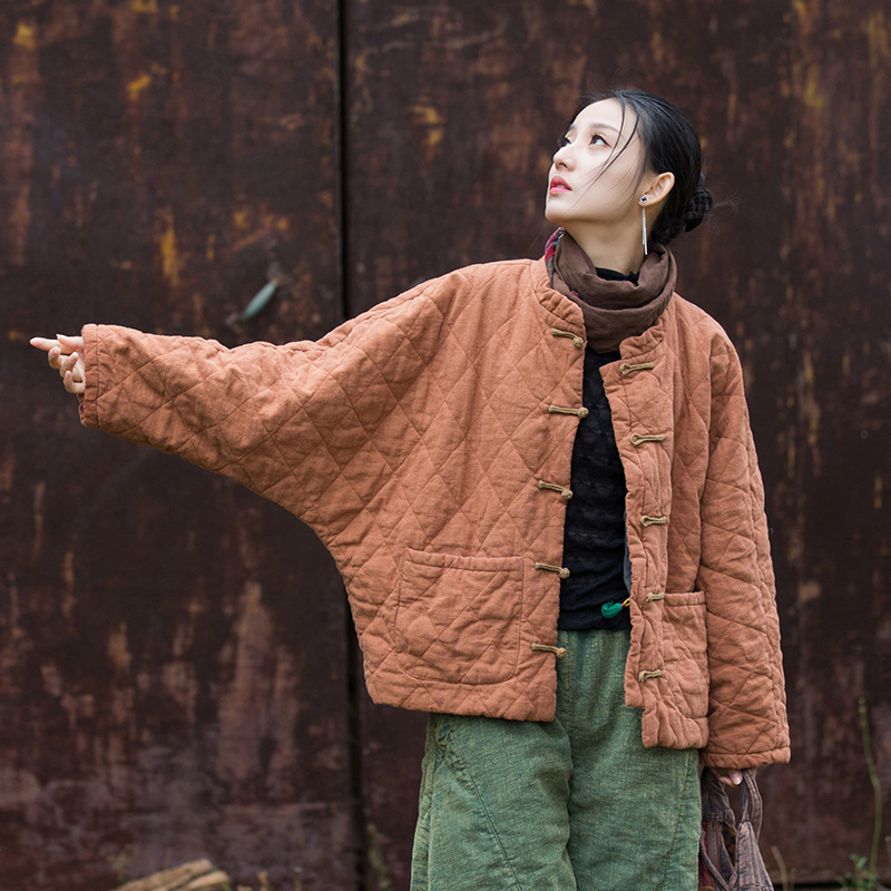 夹棉绗缝菱格棉袄棉服盘扣文艺个性流浪风女式棉衣