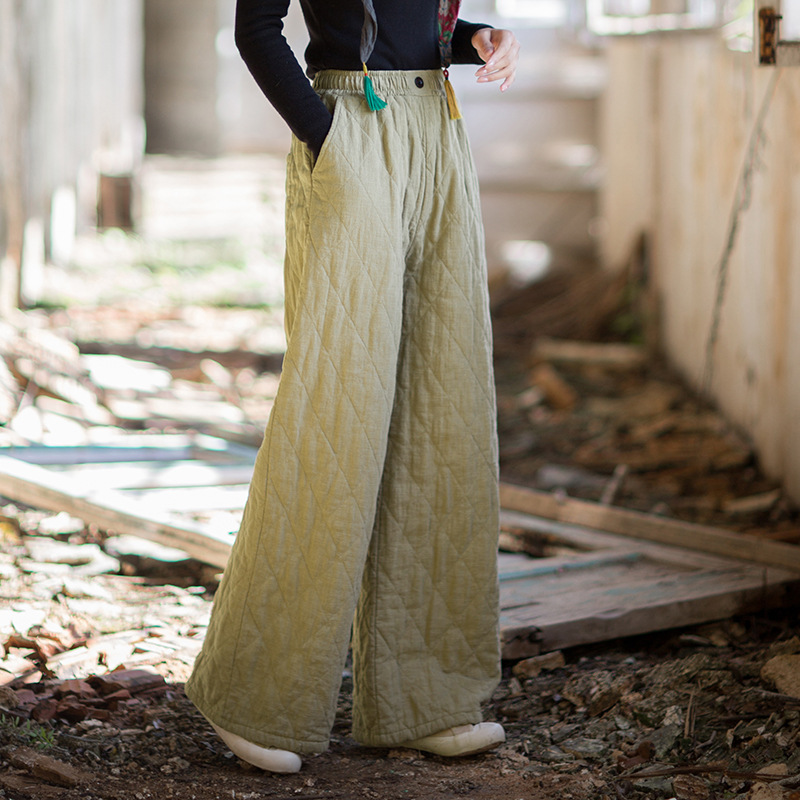 百搭菱格 · 「直筒棉褲」絎縫加厚保暖文藝範長褲