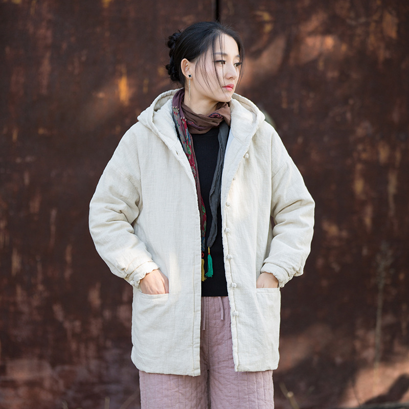 純色百搭 · 「復古唐裝」中式苧麻夾棉保暖連帽棉服