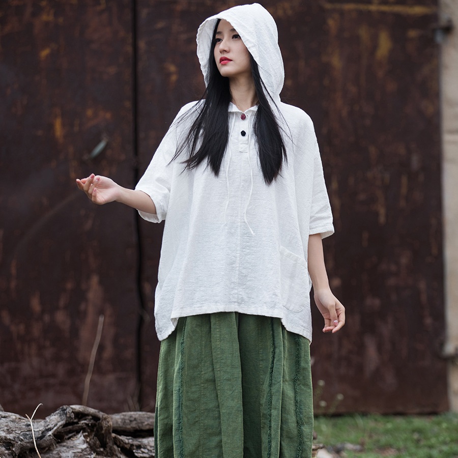 文藝唯美 · 「復古苧麻衫」舒適連帽半袖T卹
