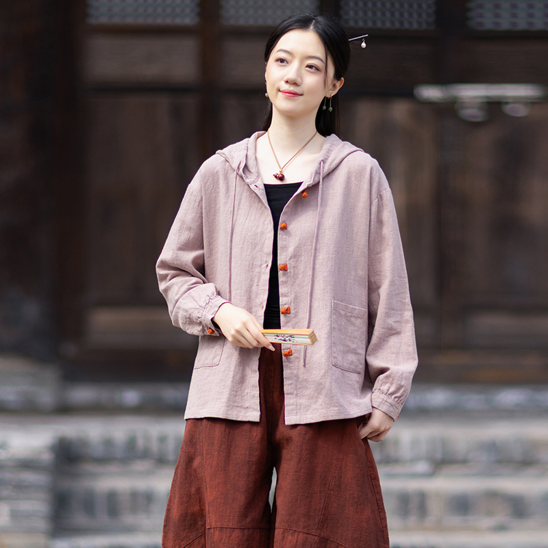 禪修百搭 · 「休閒連帽」寬鬆撞色盤扣防曬衫