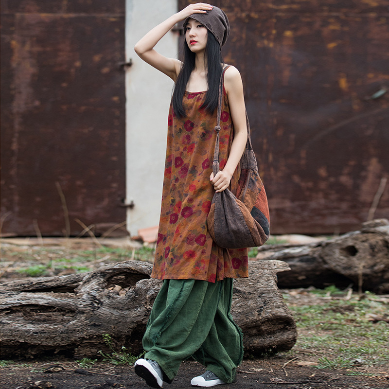 夏日文藝 · 「禪意吊帶裙」純棉印花砂洗做舊連身裙