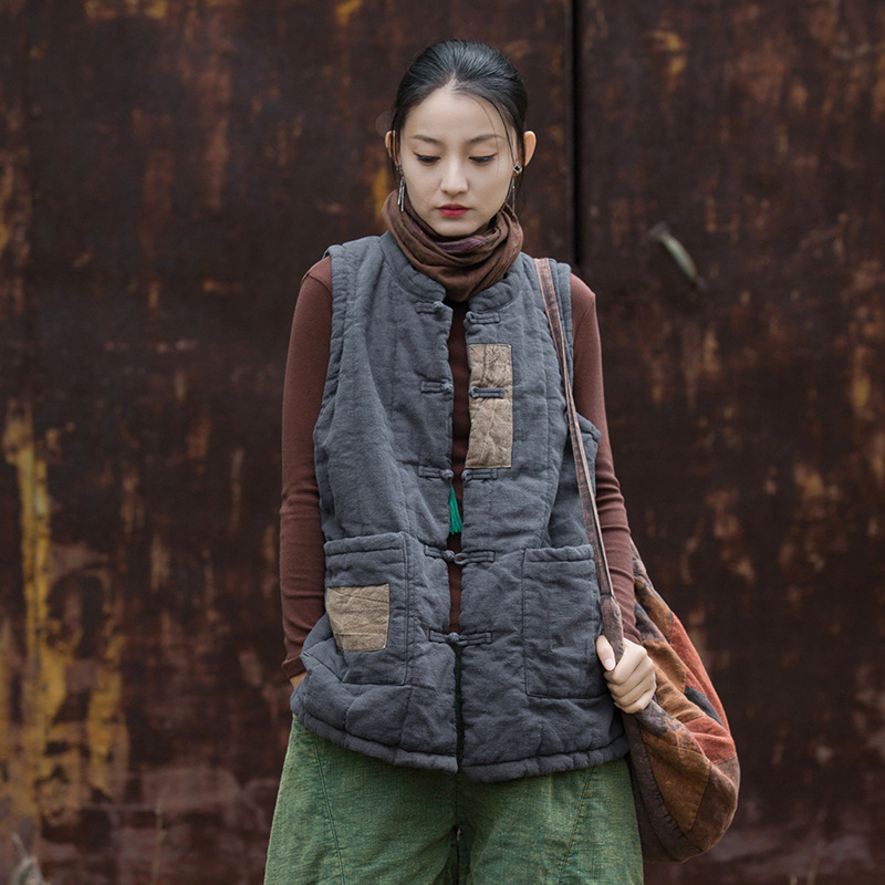 棉麻女装改良苎麻夹棉绗缝贴布外衣复古个性保暖女式马甲