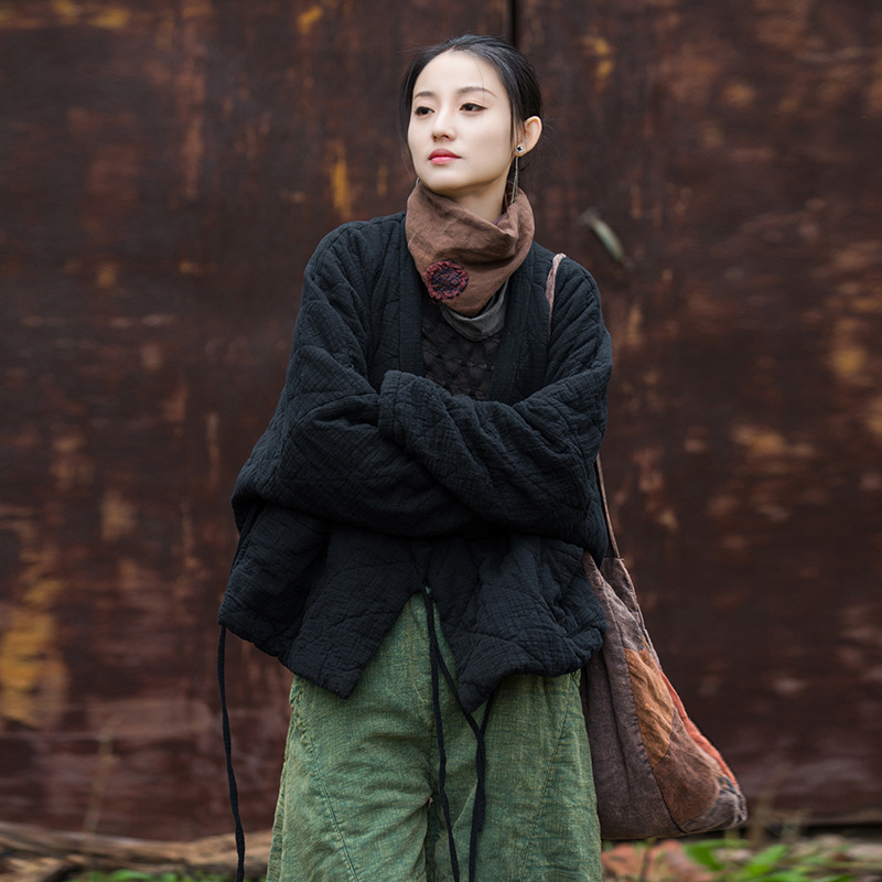 夹棉绗缝保暖棉服文艺随性禅意风菱格女式短棉衣