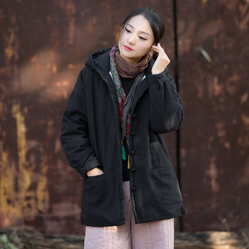 純色百搭 · 「復古唐裝」中式苧麻夾棉保暖連帽棉服