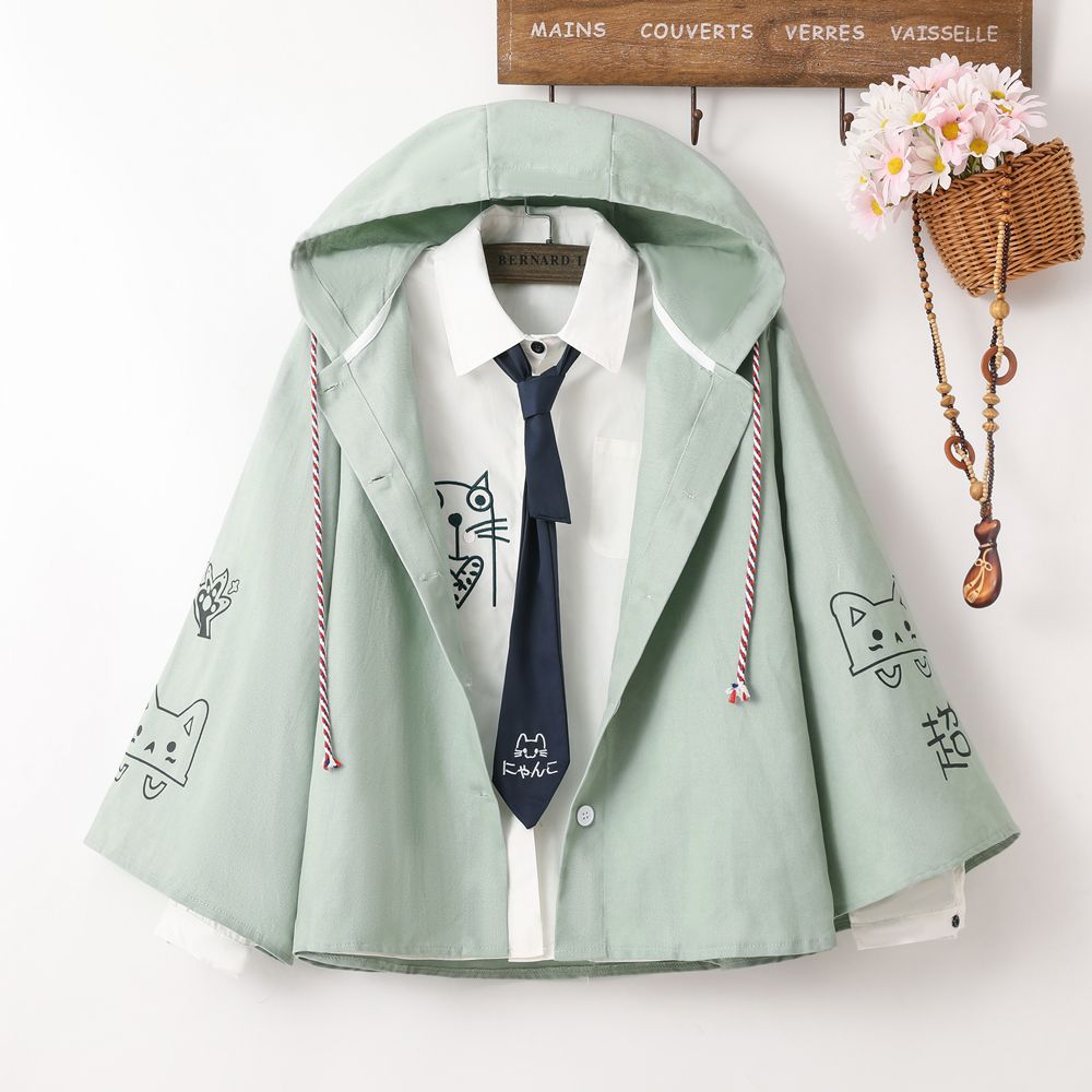 春秋日系 · 「超兇貓」喇叭袖连帽薄外套