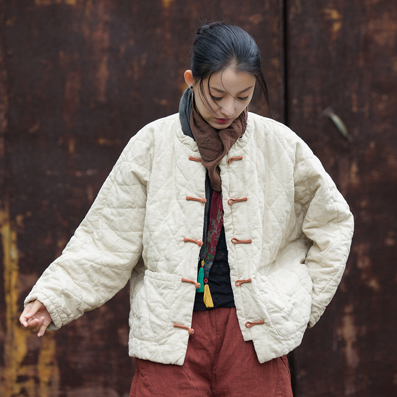夹棉绗缝菱格棉袄棉服盘扣文艺个性流浪风女式棉衣