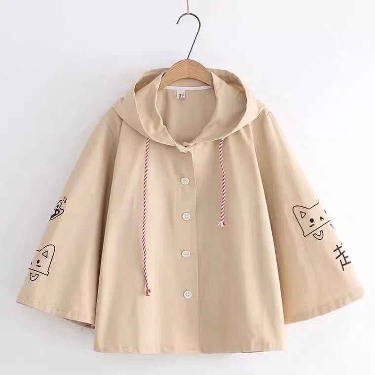 春秋日系 · 「超兇貓」喇叭袖连帽薄外套