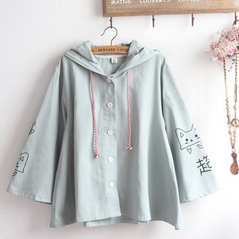 春秋日系 · 「超兇貓」喇叭袖连帽薄外套