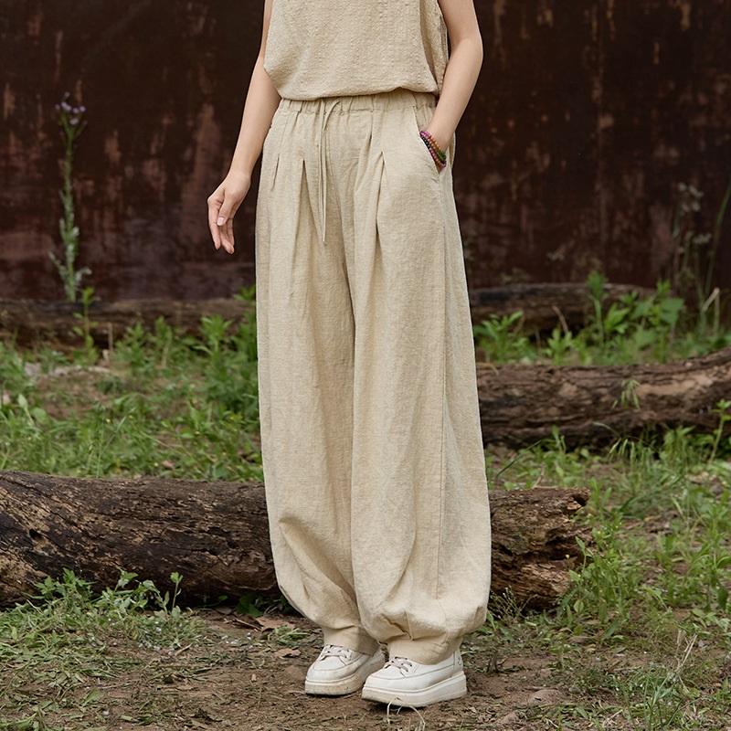 休閒時尚 · 「燈籠褲」苧麻砂洗鬆緊腰繫帶褲