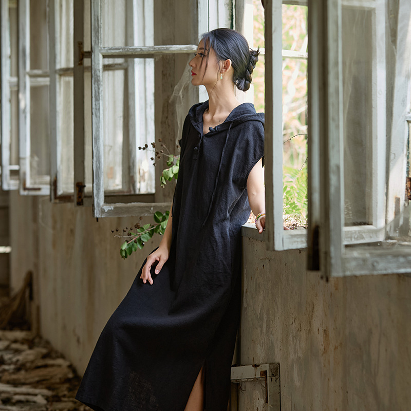 清冷禪意 · 「連帽長裙」純色原創設計砂洗洋裝