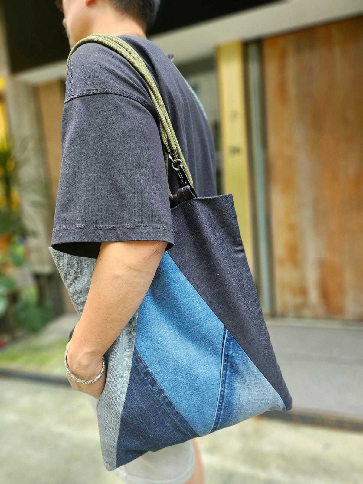 StudioBlue x Ayedigo Geometric Denim Totebag Green Rope