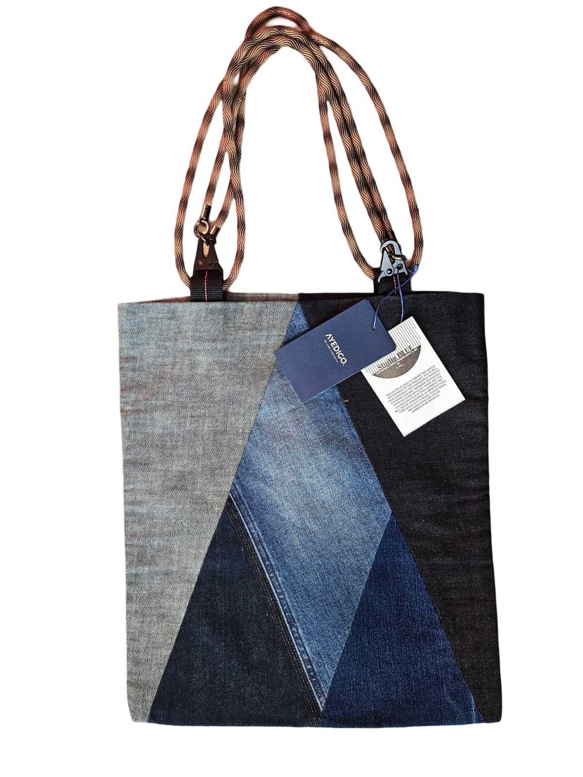 StudioBlue x Ayedigo Geometric Denim Totebag Orange Stripes Rope Handle