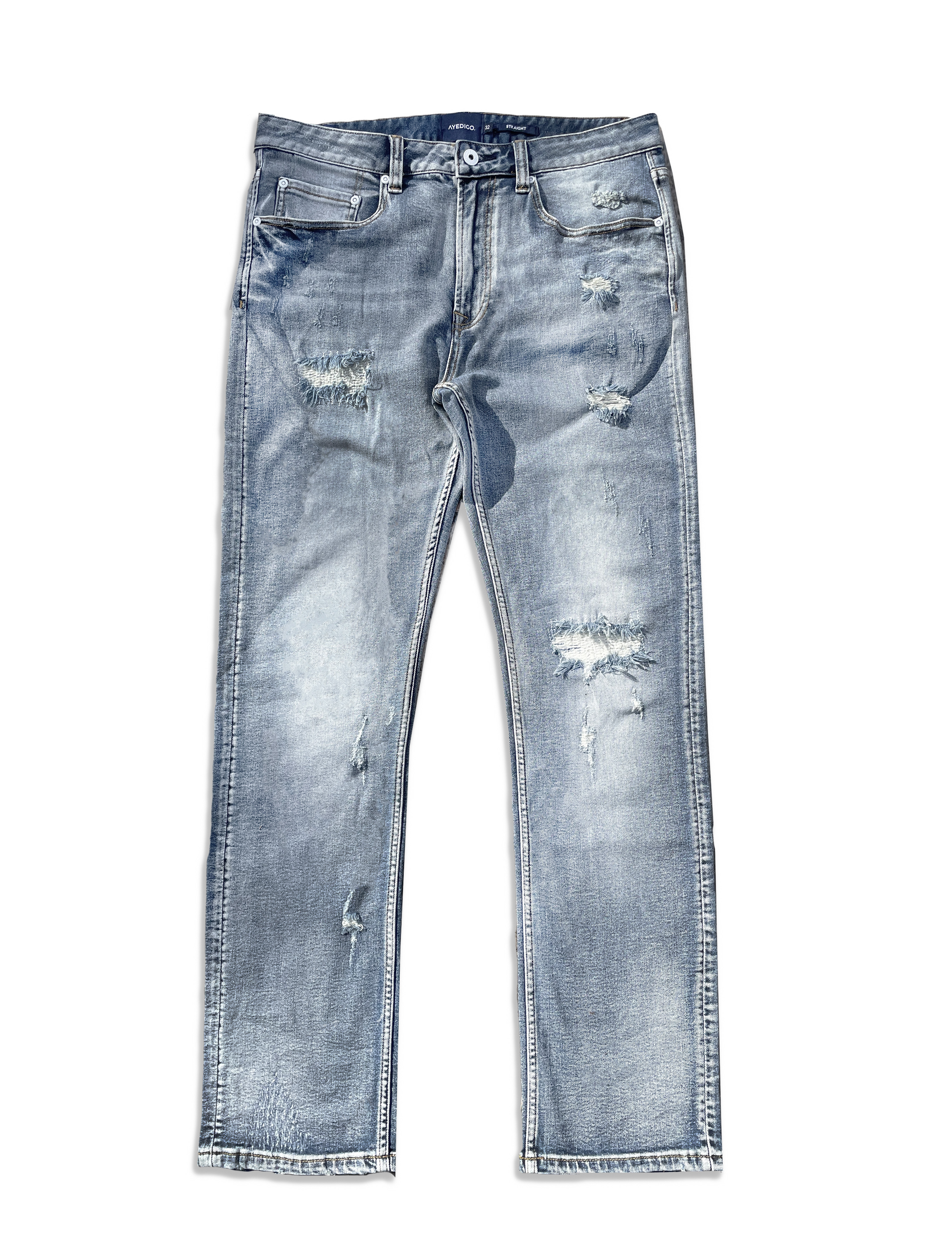 Straight Leg Fit Heavy Distress Wash Jeans