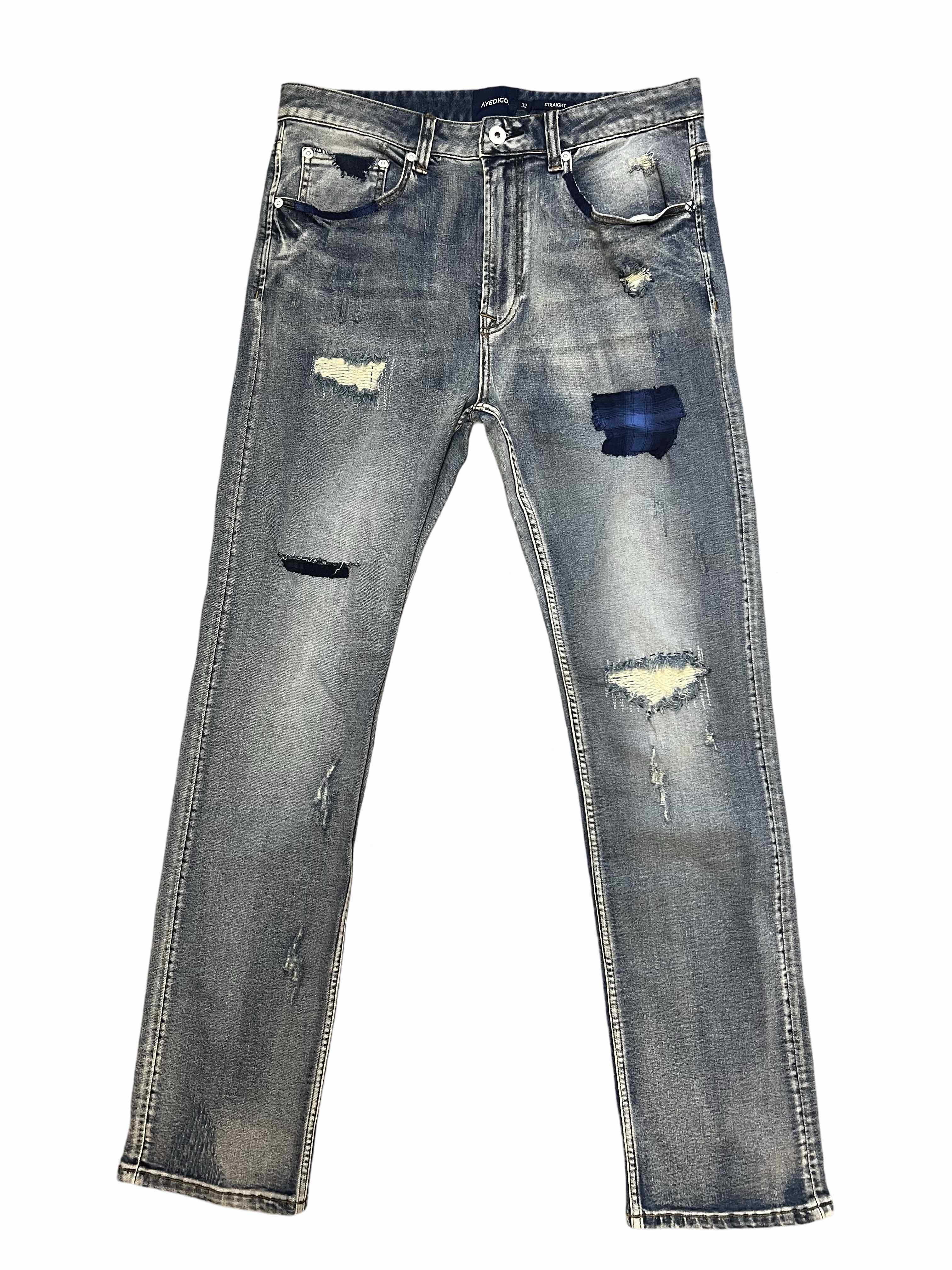 Glaswegian Straight Leg Fit Patchwork Distress Wash Jeans